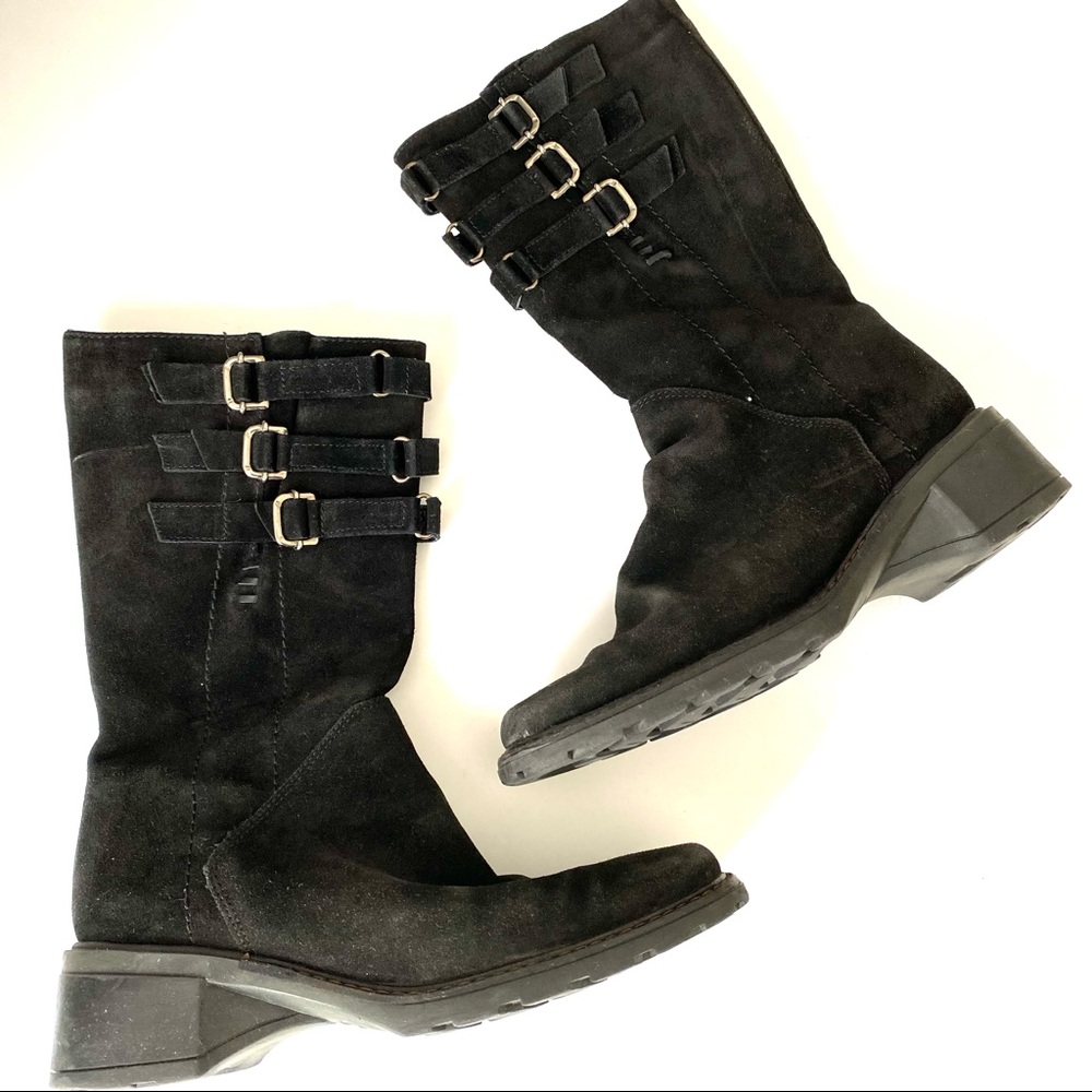 AQUATALIA Womens 6.5 Black Suede Leather Silver Buckle Mid-Calf Zip Up Boots